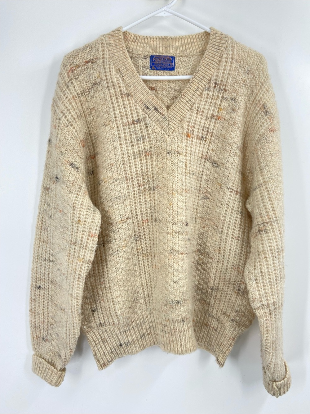 PENDLETON 70’s WOOLEN MILLS OREGON USA SPECKLED CABLE KNIT V-NECK SWEATER XL